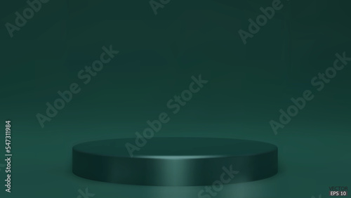 Shiny dark green round pedestal on studio backdrops. Green Blank display or clean room for showing product. Minimalist mockup for podium display or showcase. 3D vector illustration.