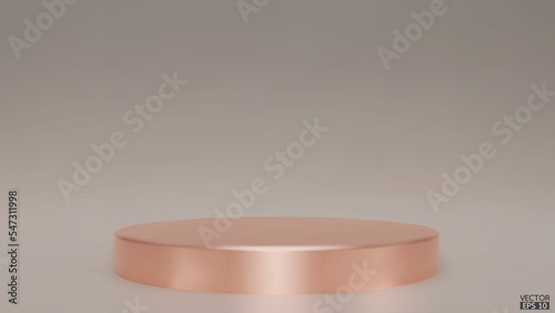 Shiny metallic beige round pedestal on studio backdrops. Beige Blank display or clean room for showing product. Minimalist mockup for podium display or showcase. 3D vector illustration.