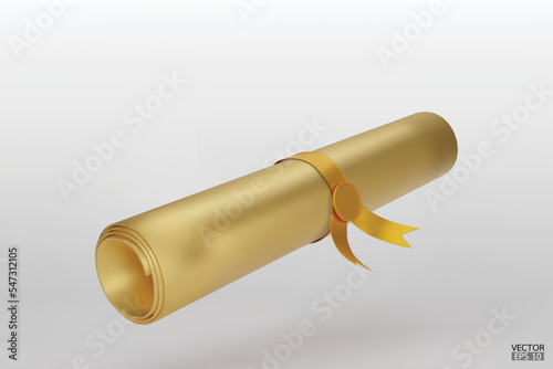 Gold Diploma  close up of gold paper scroll with golden ribbon isolated on white background. Graduation Degree Scroll with Medal. Education certificate graduation scroll icon. 3D vector illustration.