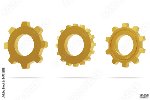 3D gold Gear icon set. Golden Transmission cogwheels and gears are isolated on white background. Yellow Machine gear, setting symbol, Repair, and optimize workflow concept. 3d vector illustration.