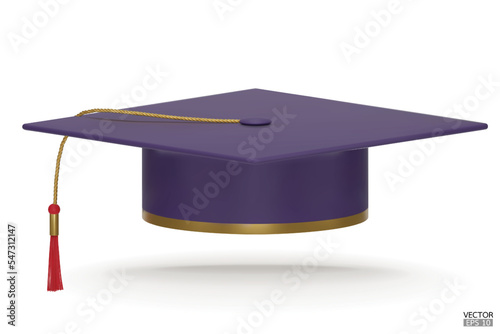 3D realistic Graduation university or college dark purple cap isolated on white background. Graduate college, high school, Academic, or university cap. Hat for degree ceremony. 3D vector illustration.