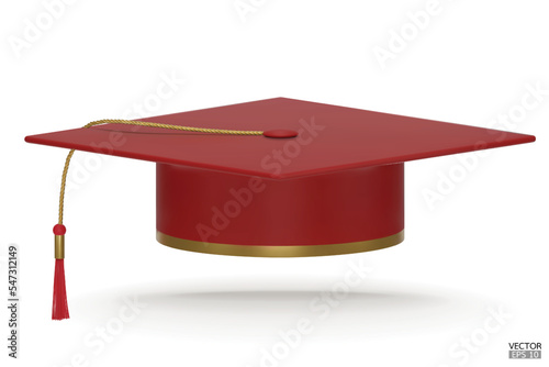 3D realistic Graduation university or college dark red cap isolated on white background. Graduate college, high school, Academic, or university cap. Hat for degree ceremony. 3D vector illustration.