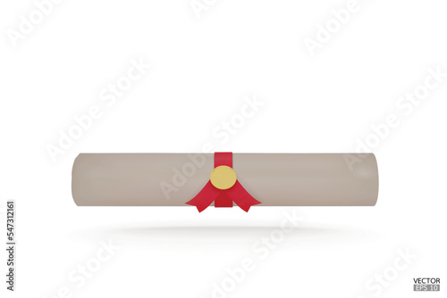 Diploma, close up of paper scroll with red ribbon isolated on white background. Graduation Degree Scroll with Medal. Education certificate graduation scroll icon.  3D vector illustration.