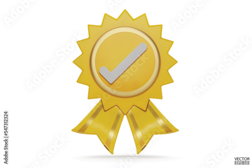 3D quality guarantees a medal with check mark and ribbon. Yellow badge warranty icon isolated on white background. Realistic graphics Certificate Badge icon, award badge. 3D vector illustration