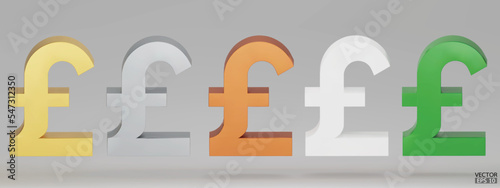 3D renders British Pounds money symbols icon isolated on white background. Gold, silver, copper, green Pound sign. Pound currency for your website design, logo, app, UI. 3d vector illustration.