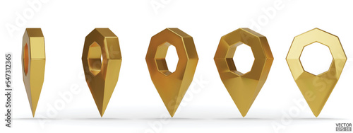 Set of golden map pointer isolated on white background. Gold location pin or navigation. 3D Locator mark of map pointer, symbol, position. 3D vector illustration.