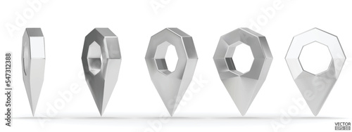 Set of map pointer isolated on white background. Silver location pin or navigation. 3D Locator mark of map pointer, symbol, position. 3D vector illustration.