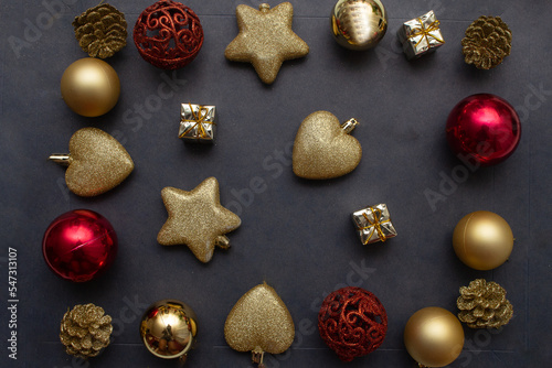 top view of christmas decoration on a blue background