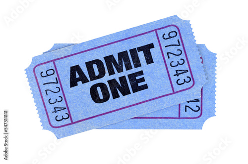 Two blue admit one movie or theater tickets isolated transparent background photo PNG file