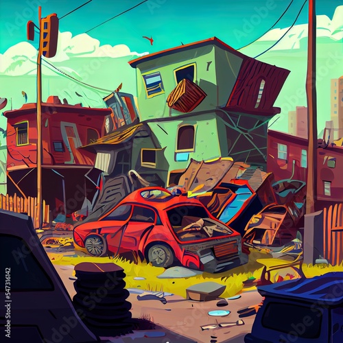 Poor dirty houses in ghetto area. 2d illustrated cartoon cityscape with slum buildings, shacks in cheap neighborhood. Shantytown street with old houses, broken car and trash