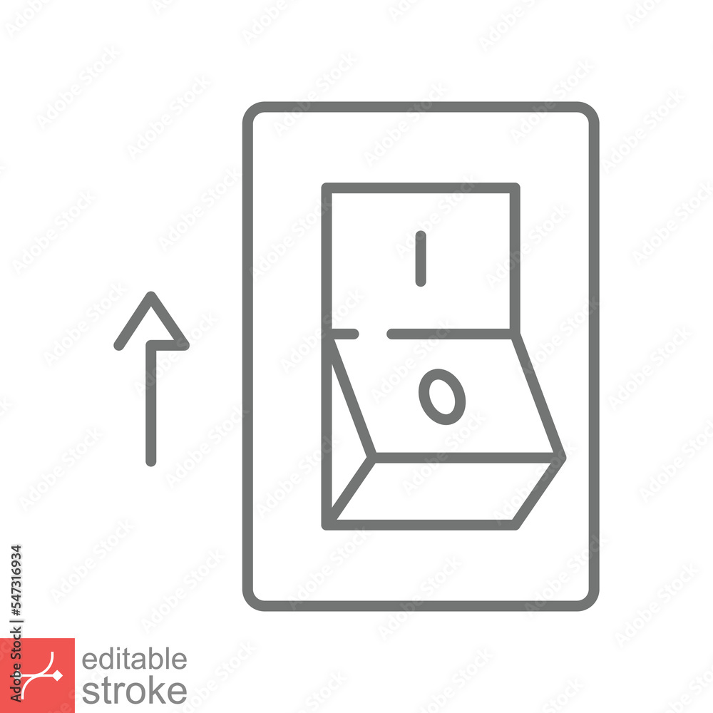 Light on, electric switch icon. Simple outline style. Power turn on button, toggle switch on position concept. Thin line vector illustration isolated on white background. Editable stroke EPS 10. Light on, electric switch icon. Simple outline style. Power turn on button, toggle switch on position concept. Thin line vector illustration isolated on white background. Editable stroke EPS 10.