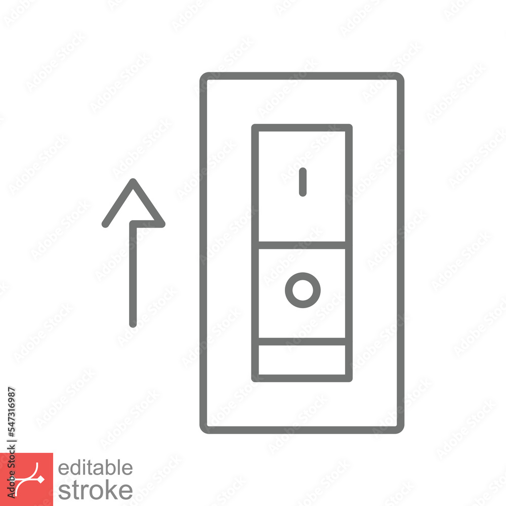 Light on, electric switch icon. Simple outline style. Power turn on button, toggle switch on position concept. Thin line vector illustration isolated on white background. Editable stroke EPS 10.