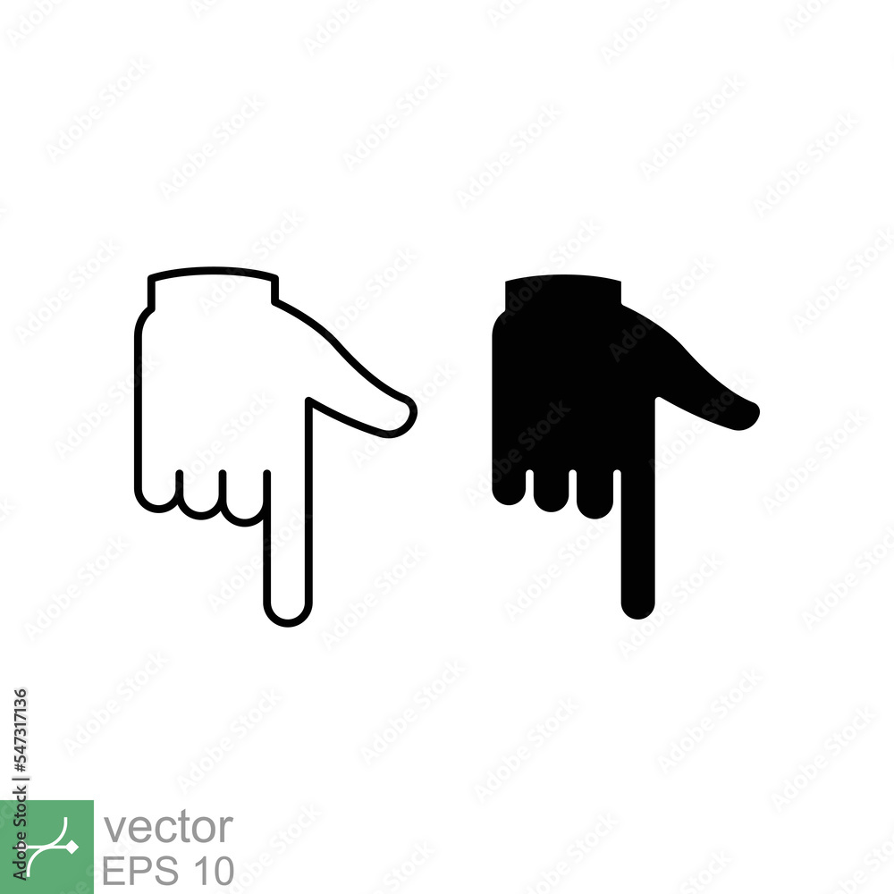 Hand pointing down icon. Simple outline and solid style. Backhand index, index finger concept. Thin line and glyph vector illustration isolated on white background. EPS 10. Hand pointing down icon. Simple outline and solid style. Backhand index, index finger concept. Thin line and glyph vector illustration isolated on white background. EPS 10.