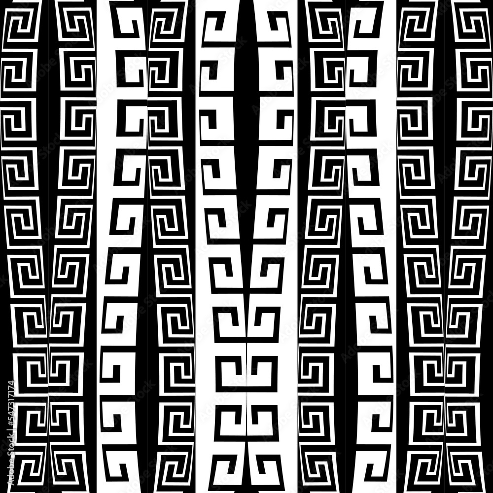 Borders. Seamless greek borders pattern. Black and white ornamental wavy lines background. Striped repeat vector backdrop. Tribal ethnic ancient style border ornaments. Greek key meanders border