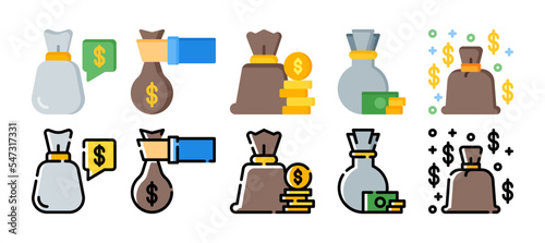 money bag icon set. vector illustration with a different style. flat and filled line style