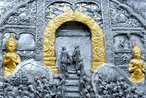 Thai style silver carving art on temple wall , Wat Srisuphan ,Chiang Mai, Thailand