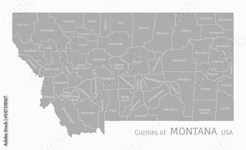 Highly detailed gray map of Montana, US state. Editable administrative map of Montana with territory borders and counties names labeled vector illustration