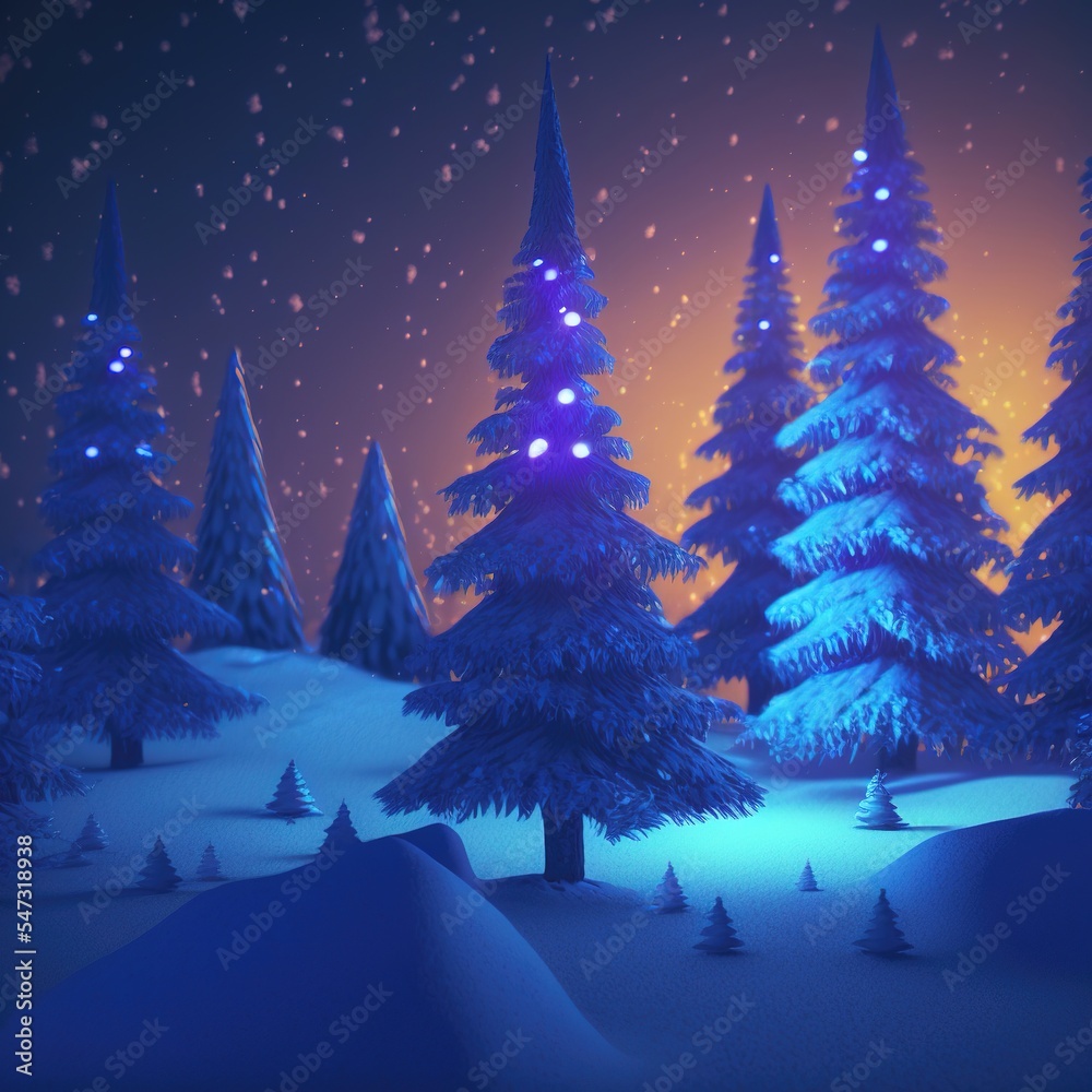 Christmas tree outdoors at night. Illustration about Christmas. Made by AI.