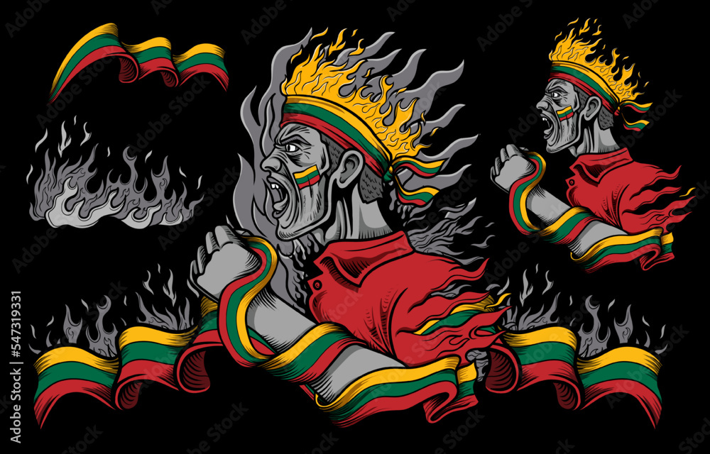 Obraz premium Lithuania Flag and Fire elements with People Screaming