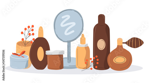 vector hand drawn illustration - care cosmetics (hand and face cream,  lotion, perfume) trend illustration in flat style