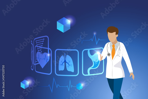 Doctor diagnose and analyse patient health organ in 3D virtual reality environment interface. Medical and healthcare innovation technology.