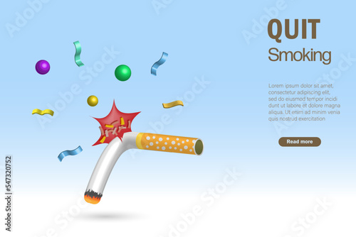 Quit smoking concept. Breaking cigarette with celebration for good health. 3D realistic vector.