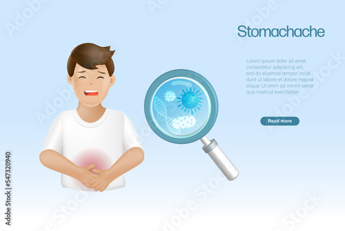 Man suffering from stomachache with magnifying glass. Diarrhea, digestive system disorder, medical and health care concept. 3D vector.