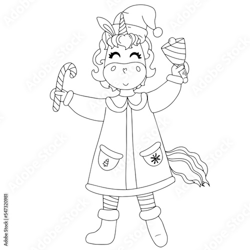 Cute Christmas cartoon unicorn, vector illustration, coloring book page