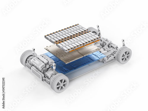 Electric car with pack of battery cells module on platform