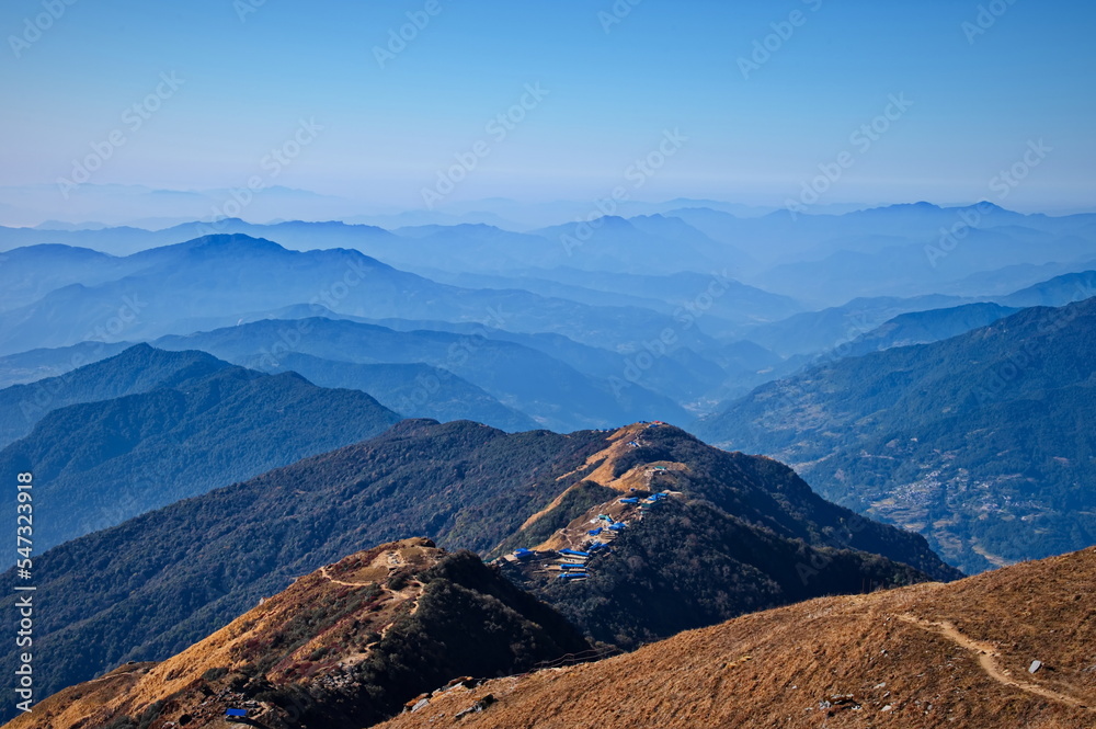 Aerial view of ridge in Annapurna massif with mountain huts Aerial view of ridge in Annapurna massif with mountain huts