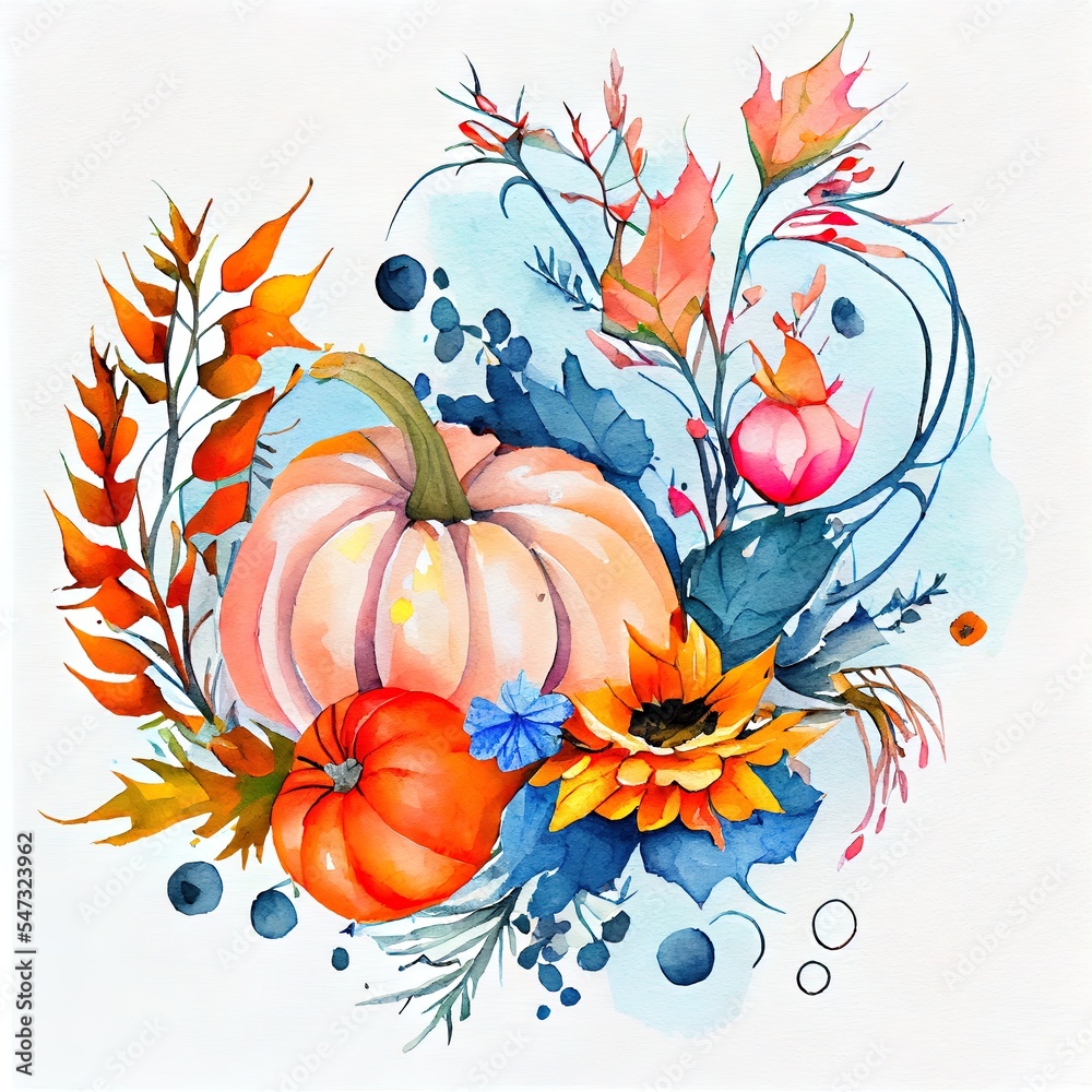 Naklejka premium Watercolor autumn composition with pumpkins and leaves Blue, pink and orange pumpkin, orange flowers and sea buckthorn , anime style