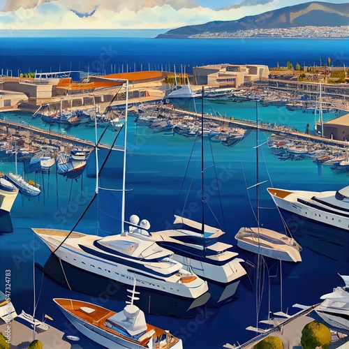 Panoramic aerial view of the Alimos marina at South Athens, Greece, with moored luxury yachts and sailboats photo