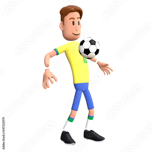 Brazil football player 3D character controlling the ball. Cartoon character as Brazilian soccer team.
