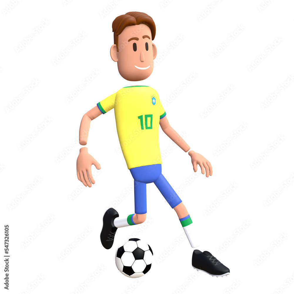 Brazil football player 3D character dribbling the ball. Cartoon character as Brazilian soccer team.