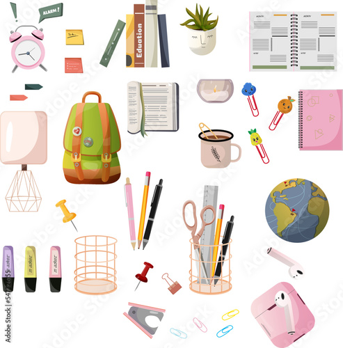 Big set of school supplies. Hello school lettering. Children's subjects. Vector illustration in a flat style on a white background. All objects are isolated