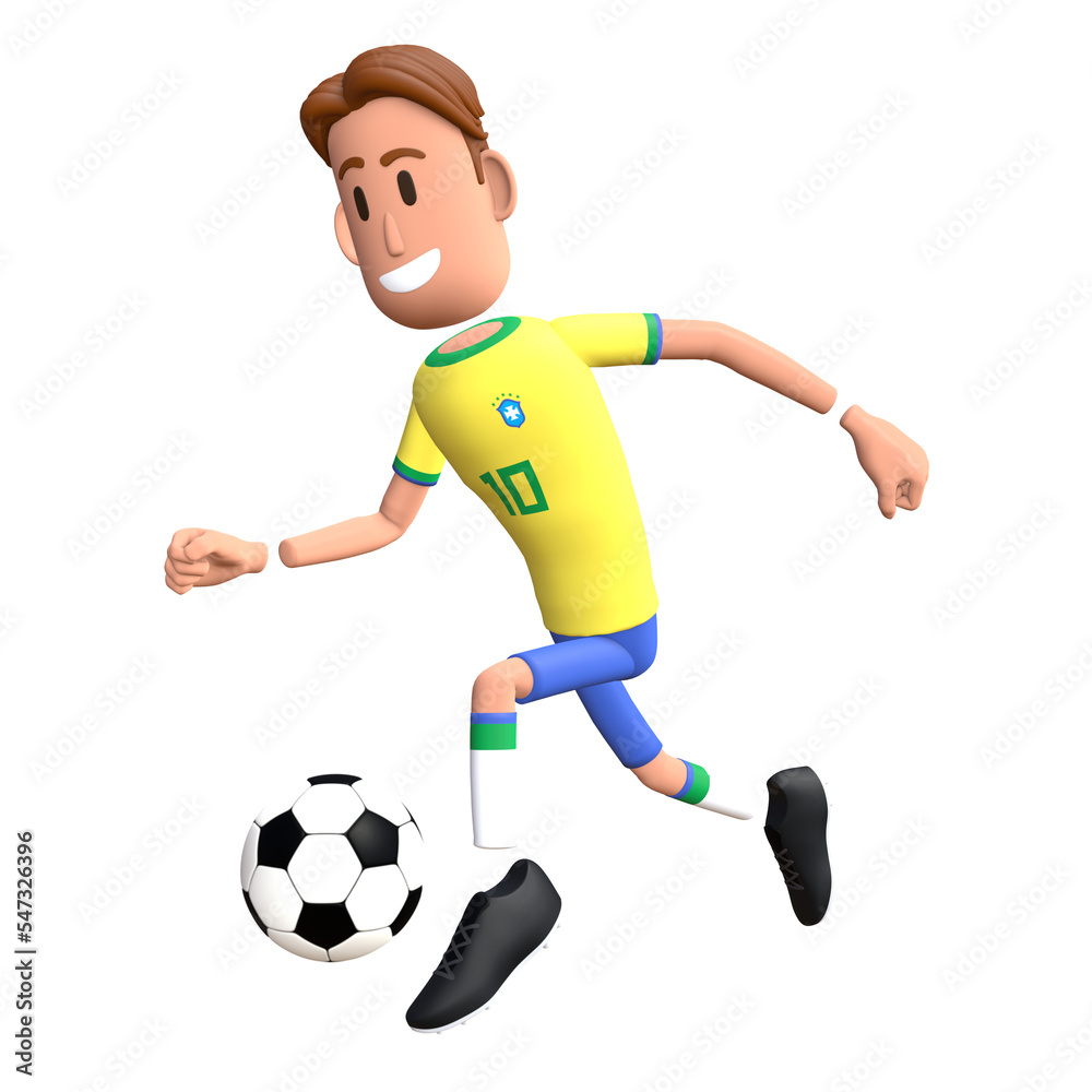Brazil football player 3D character dribbling the ball. Cartoon character as Brazilian soccer team. Brazil football player 3D character dribbling the ball. Cartoon character as Brazilian soccer team.