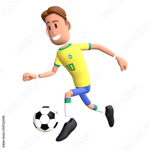 Brazil football player 3D character dribbling the ball. Cartoon character as Brazilian soccer team.