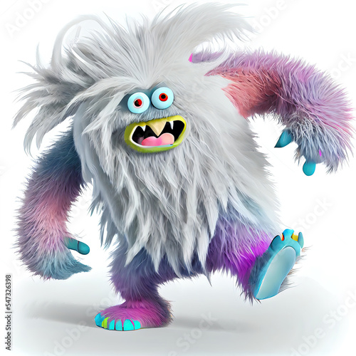 3d rendering, colorful hairy beast Yeti runs, furry monster cartoon character walking or dancing. Fluffy toy in active pose, isolated on white background.