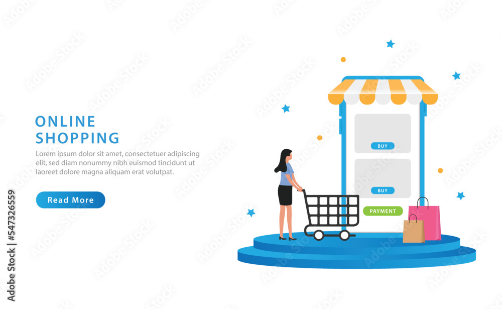 Online shopping concept. Character buying goods online on internet marketplace. Shopping online in mobile app. Vector illustration