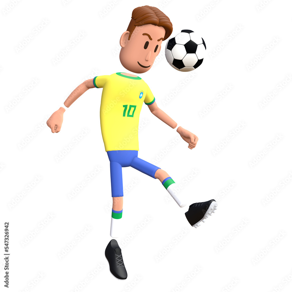 Brazil football player 3D character heading goal. Cartoon character as Brazilian soccer team.