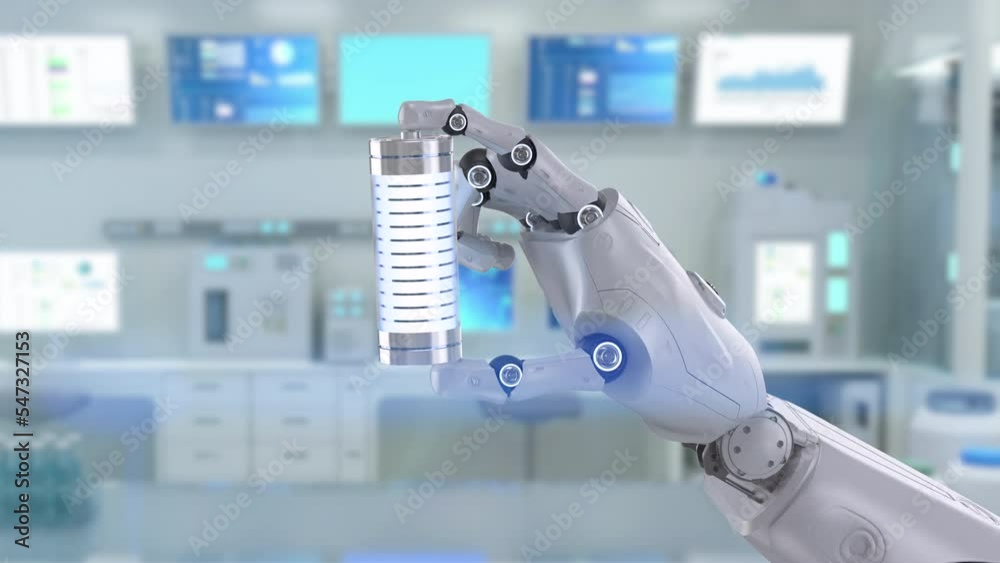 Battery research and development with 3d rendering robot hand hold li-ion or rechargeable battery in laboratory 4k footage