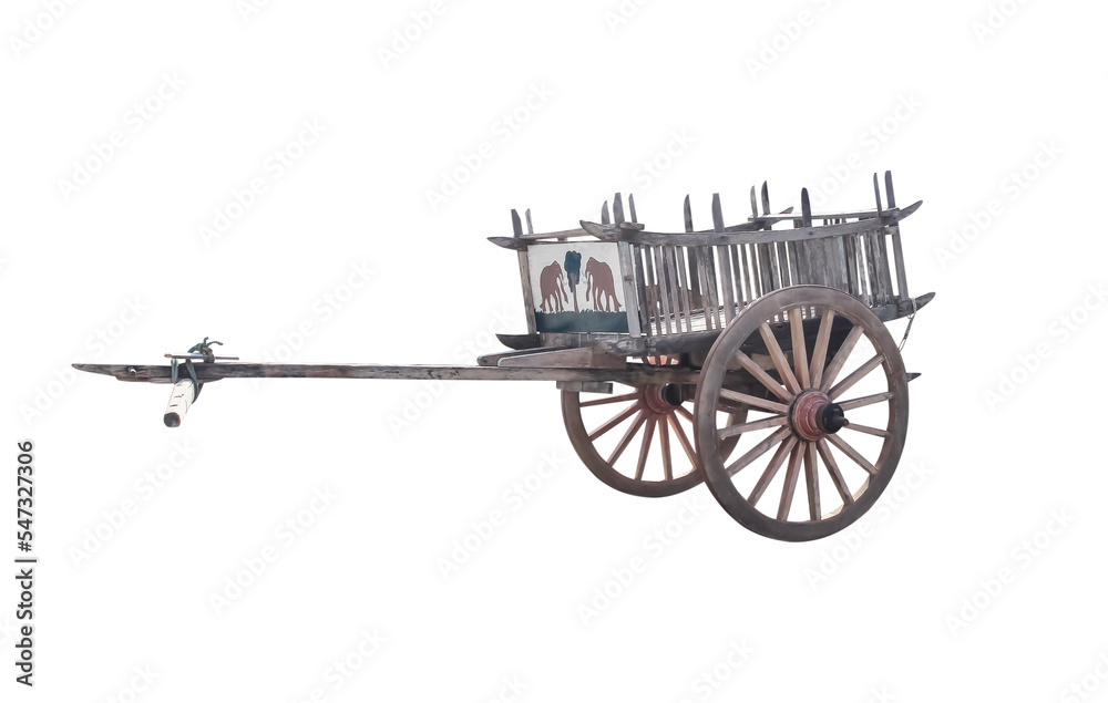 Fototapeta premium Vintage transport wood wagon in Thai temple isolated on white background ,clipping path