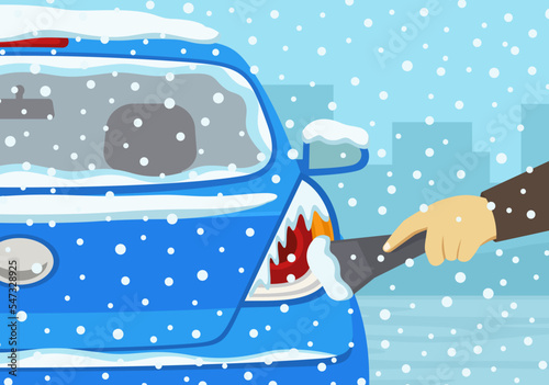 Safe car driving rules and tips. Winter season driving. Close-up of a hand cleaning a vehicle's brake lights from ice and snow. Flat vector illustration template.