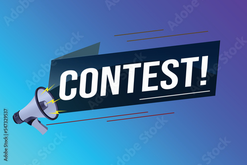 contest megaphone loud speaker design for ribbon banner poster. lettering with geometric shapes lines. advertising Vector illustration modern alert typographic blue color design template.	

