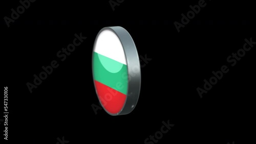3D rotating Flag of bulgaria on Transparent Background. bulgaria Flag Glass Button Concept Style with Circular Metal Frame. render with ProRes 4444, alpha channel. 4K video.