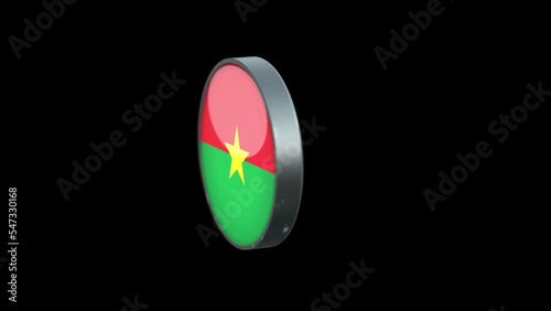 3D rotating Flag of burkina faso on Transparent Background. burkina faso Flag Glass Button Concept Style with Circular Metal Frame. render with ProRes 4444, alpha channel. 4K video.