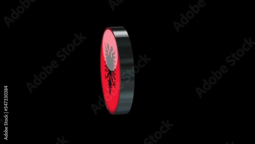 3D rotating Flag of Albania on Transparent Background. Albania Flag Glass Button Concept Style with Circular Metal Frame. render with ProRes 4444, alpha channel. 4K video.