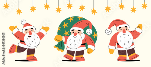 Christmas horizontal banner with Santa Clauses laughing, greeting and waving hands