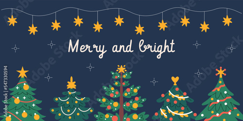Merry and bright Christmas horizontal banner with decorated fir-trees