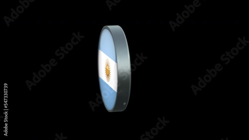 3D rotating Flag of Argentina on Transparent Background. Argentina Flag Glass Button Concept Style with Circular Metal Frame. render with ProRes 4444, alpha channel. 4K video.